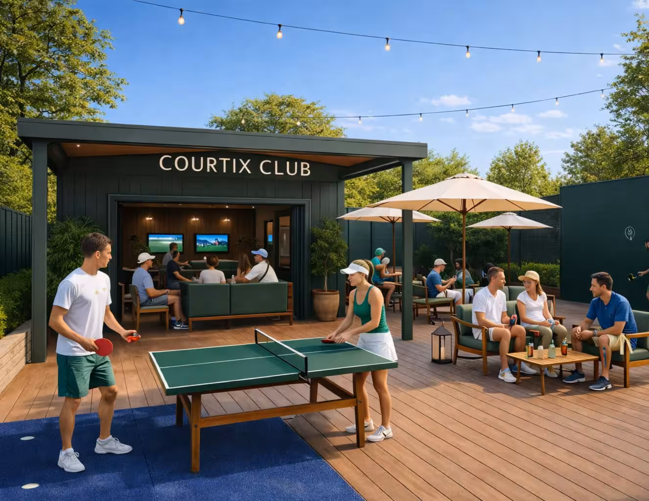 Tennis clubhouse lounge with outdoor terrace café and relaxation area